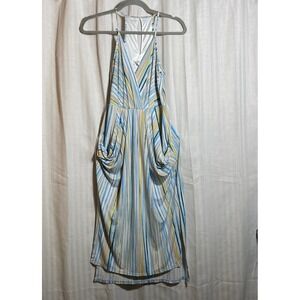 BCBGeneration Blue Yellow Striped Draped Pocket Midi Dress XS Sleeveless V-Neck